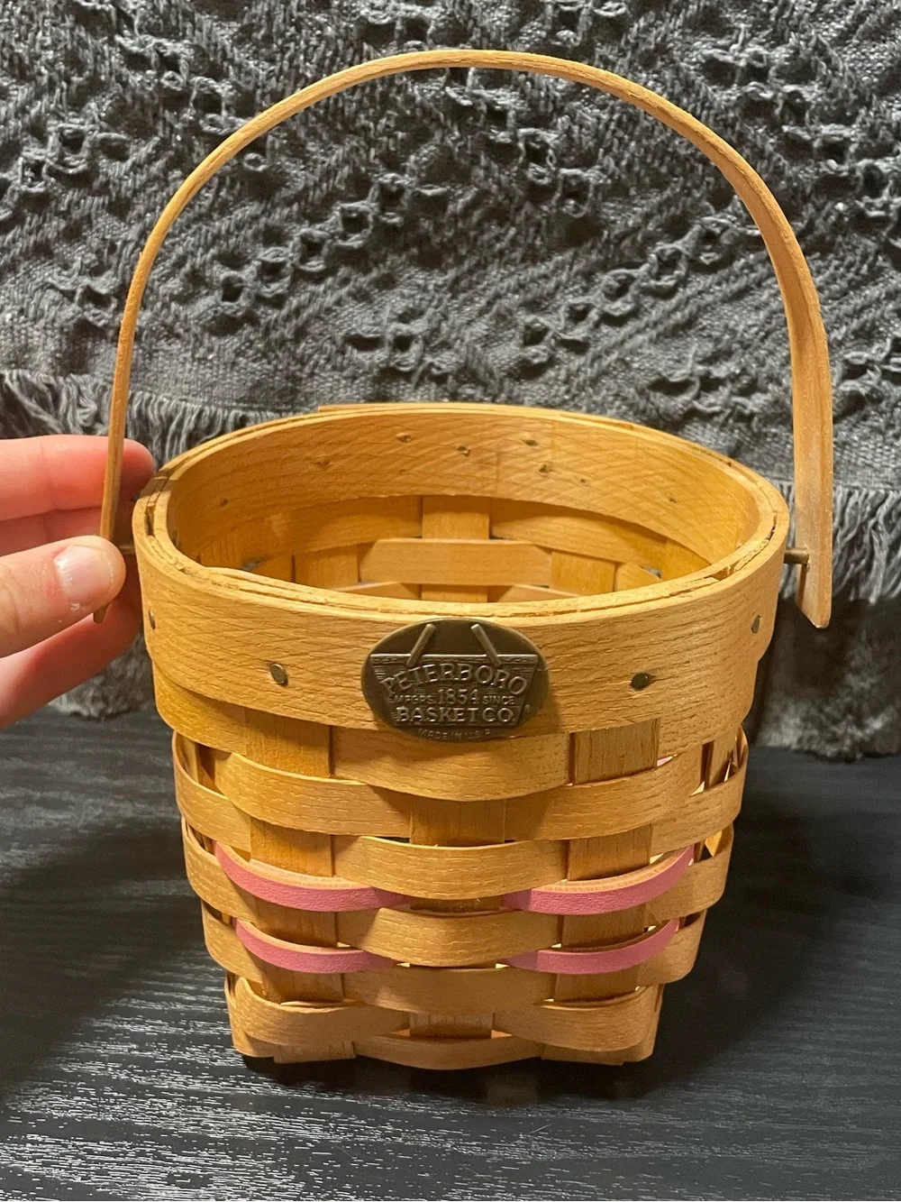 Rare Peterboro Basket Co. 150th Anniversary Wood Hanging Basket Pink Accents